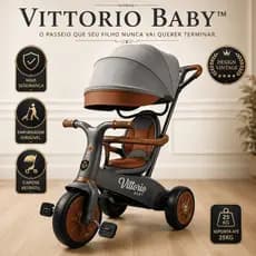 Triciclo Infantil c Empurrador Vittorio Baby Vintage Capota Retrátil Proteção Lateral Cinza Até 25kg