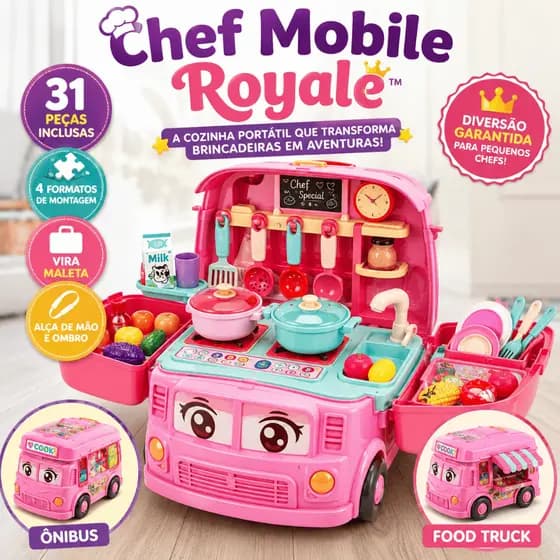 Conjunto Cozinha Infantil Portátil 4x1  Maleta Ônibus Food Truck 31Peças Brinquedo Educativo Unissex