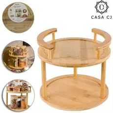 Porta Tempero Prateleira Dupla Giratória De Bambu