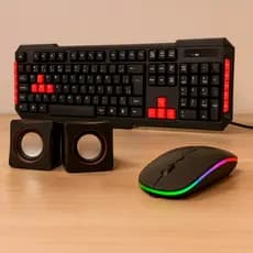 Kit 3 em1 Mouse Wireless RGB + Teclado Multimidia Sem Fio USB + Caixa De Som 6W P2