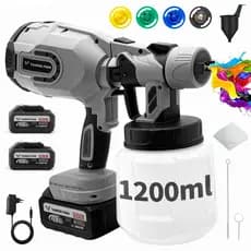 Pistola Pintura Elétrica Portátil 48V Cobre Puro | 3 Modos & Tanque 1200ml C/4 Bicos Desmontáveis 2 Baterias