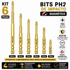 Kit 6 Bits Ponteiras PH2 Magnético Antiderrapante Aço K5 Reforçado para Parafusadeira 25mm -150mm