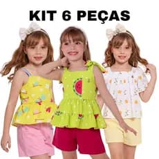 Kit com 3 looks completos conjunto de meninas tamanho 4 6 8 estampas alegres infantil menina