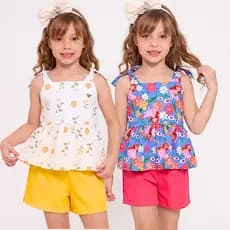 Conjunto infantil menina moda blogueira blusa e shorts princesa confortavel estampados tamanhos 2 4 6 8 10
