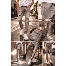 Calça Jeans JOGADOR Masculina Premium Vicunha Skinny Cinza Destroyed Conforto e Estilo