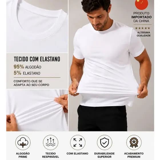 Camiseta Masculina Casual Premium Importada Tecido Respirável 95% Algodão
