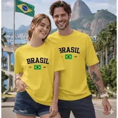 Kit 2 Camisas Brasil Casal Camiseta 100% Algodão T-shirt Gola Redonda Macio Copa
