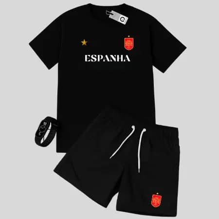 Kit Camiseta Masculina + Short Tactel Estampa Espanha 100% Algodão +RELOGIO