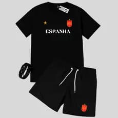 Kit Camiseta Masculina + Short Tactel Estampa Espanha 100% Algodão +RELOGIO