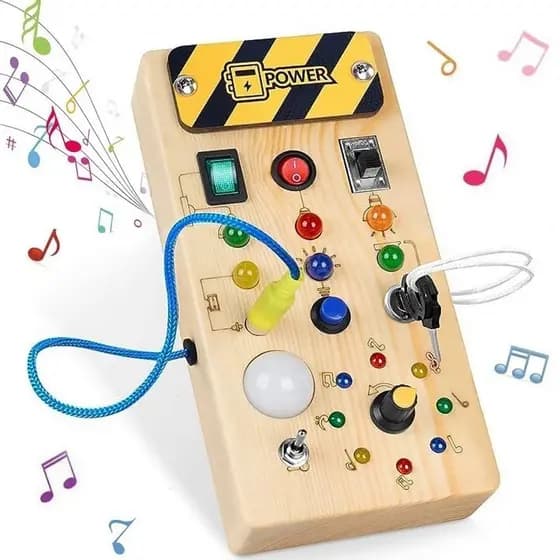 Brinquedo sensorial de madeira Montessori com painel de interruptores de luz LED, adequado para atividades e jogos em vi
