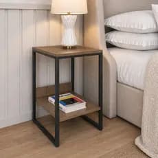 Mesa Cabeceira de Cama Industrial Criado mudo Base de Ferro Tampo Madeira Alto Padrão Luxo