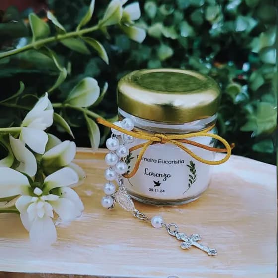 2 Lembrancinha de Crisma com Mini Terço e Velas Perfumadas