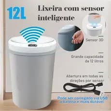 Lixeira Automática Redonda 12 Litros com Sensor Lixeira Inteligente Automatica Lixeira com Sensor de presença  Cinza