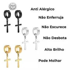 Brinco Pressão Preto  e Prata  crucifixo e argola unissex da moda preto em aço cirúrgico antialergico