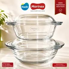 Kit 2 Travessas Marinex Vidro Temperado com Tampa Assadeira Refratário Redonda Forno 2,3L e 2,8L