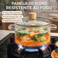 Tigela Caçarola de Vidro Borossilicato com Tampa 1,5L Transparente Premium para Sopas, Caldos, Molhos e Mesa Posta