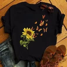 Camiseta Feminina Várias Estampas de Girassol Borboleta Flores Camisa de Verão 100% Algodão Envio Imediato