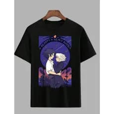 Camisetas Romance Desenho Anime Japonês T-short Oversezed Preto e Branco Castelo Animado Frente Blusa Manga Curta Estampada Geek Casal Filme Camiseta 100% Algodão