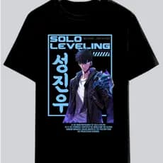 Camisetas Pretas Anime Solo Leveling T-shirt Sung Jin Woo Blusa Unissex 100% Algodão Mangá Coreano Street