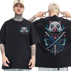 Camisa Japão Desenho Slayer Demon T-shit Oversized Moda Geek Camiseta Japonesa Anime Demon Killer Inosuke Beast Blusa Manga Curta 100% Algodão Streetwear Verão