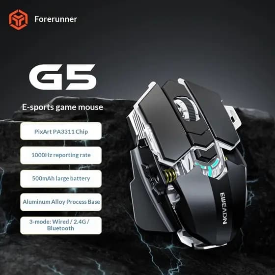 EWEADN G5 Sem Fio Bluetooth Mecânico Gaming Mouse Metal Armadura Design Grande Mão Para Computador Portátil Escritório E