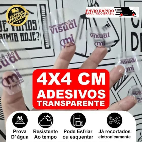 1000und / 400 und / 200und  4x4cm Adesivo Personalizado TRANSPARENTE c/ Sua Logo a Prova d' Água