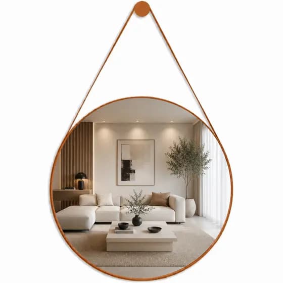 Espelho Adnet Couro Com Alça 25cm 30cm 40cm 50cm 60cm Sala Quarto Banheiro Redondo + Suporte
