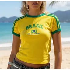 Camisa Brasil Bordada BabyLook Feminina