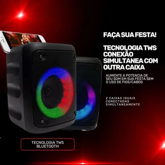 Caixa de Som Bluetooth Caixinha Som Portatil Potente com Excelentes Graves Luzes Radio Fm Usb Sd Selo Anatel