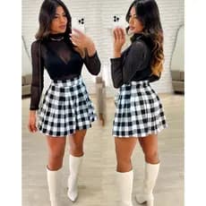Saia Xadrez Plissada Flanelada Curta Rodada Cintura Alta Com Ziper Look Festa Junina
