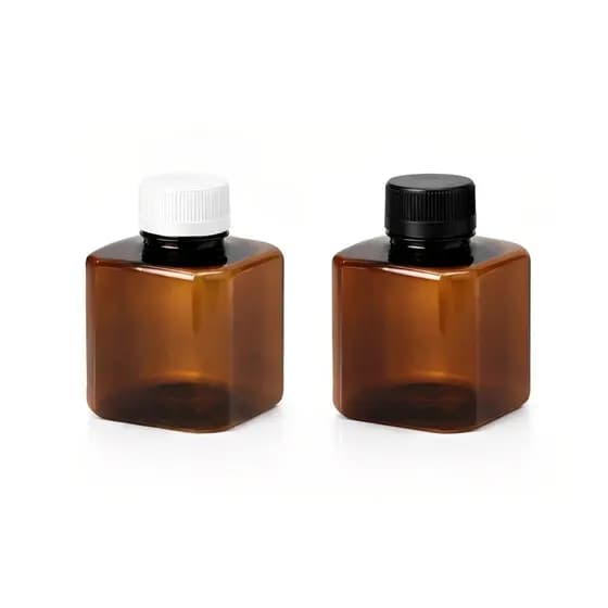 Kit 50 Frascos Plásticos Âmbar Cubo 200ml Embalagem com Tampa Lacre