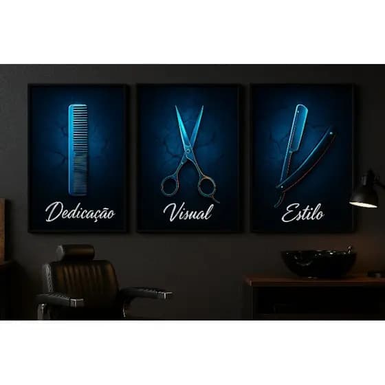 Quadro Decorativo Barbearia Kit 3 Peças Pente Tesoura Navalha