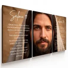 Trio de Quadros Salmo 91 e 23 com Jesus Decorativo MDF Religioso para Sala e Quarto