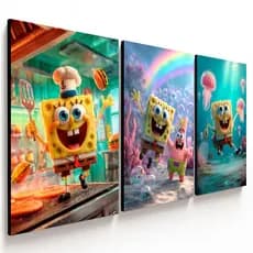 Trio de Quadros Bob Esponja Infantil Decorativo MDF Alta Qualidade para Quarto Criança