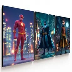 Trio de Quadros Batman Flash Robin DC Decorativo MDF Alta Qualidade para Quarto Gamer e Sala