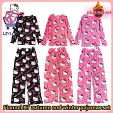 【LIZIYI】2025 Sanrio Hello Kitty Flanela Pijamas Feminino Conjunto Quente Pjs Casual Casa Calças De Manga Longa Inverno M