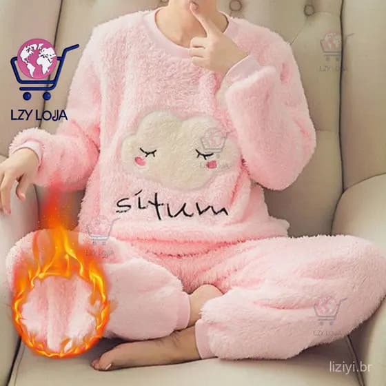 Pijama Estampado Com Estampa De Flanela , Lindo Conjunto De Veludo Para Mulheres Dormirem Em Casa , Roupas De Outono E I