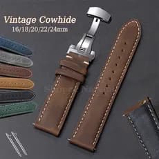 Pulseira De Relógio De Couro Genuíno Vintage 16/18/20/22/24mm Fivela Borboleta De Liberação Rápida De Camada Superior Ho
