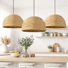 Kit Luminária 3 Und Lustre De Bambu 30cm Palha Sala Cozinha Quarto Decoração Moderno
