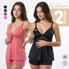 Kit 2 Baby Doll Amamentação Com Click Abre Fácil Gestante Pós Parto Pijama Para Amamentar Com Renda
