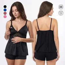 Baby Doll Com Click Abre Fácil Amamentação Microfibra Renda Gestante Pós Parto Lactante Pijama Feminino