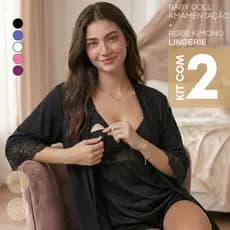 Kit Baby Doll + Robe Pós Parto Maternidade Abre Fácil Com Renda Gestante Grávida