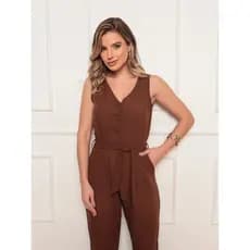 Macacão Longo Feminino Sem Mangas Com Decote Em V E Amarração Na Cintura Macacão Longo Botões Amarrar Gaze Rustica
