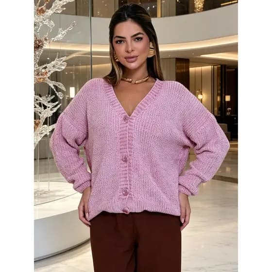 Cardigã folgado com botões  tecido de mousse de chenille feminino inverno manga longo Clássico e versátil  diário