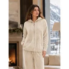 Casaco moletom Sueter de chenille mousse manga longo feminino  com ziper e capuz e bolsos