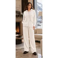 Conjunto casual feminino com capuz em chenille composto por moletom grosso veludo jacquard com zíper e calça pantalona