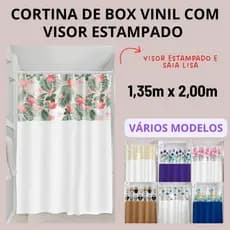 Cortina de Box Banheiro Impermeável Antimofo Vinil Com Visor Retangular Estampado 1,35x2,00M Plastleo