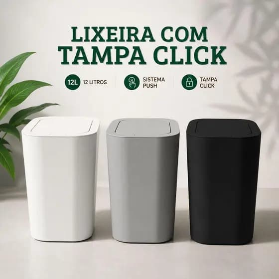 Lixeira Cesto de Lixo Com Tampa Click 12 Litros Com Sistema push Para Saco de Lixo bobina rolinho Tonk