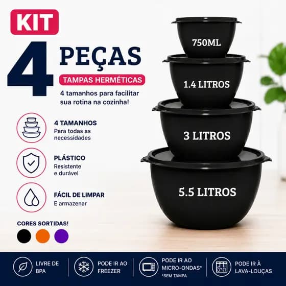 Kit 4 Potes Plásticos Saladeira com Tampa Vedação Hermética Diversas Cores Kit Cozinha