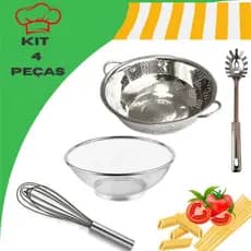 Kit 4 Peças Inox c/ Escorredor de Macarrão + Escorredor de Arroz+ Fuê Batedor + Pegador  de Macarrão